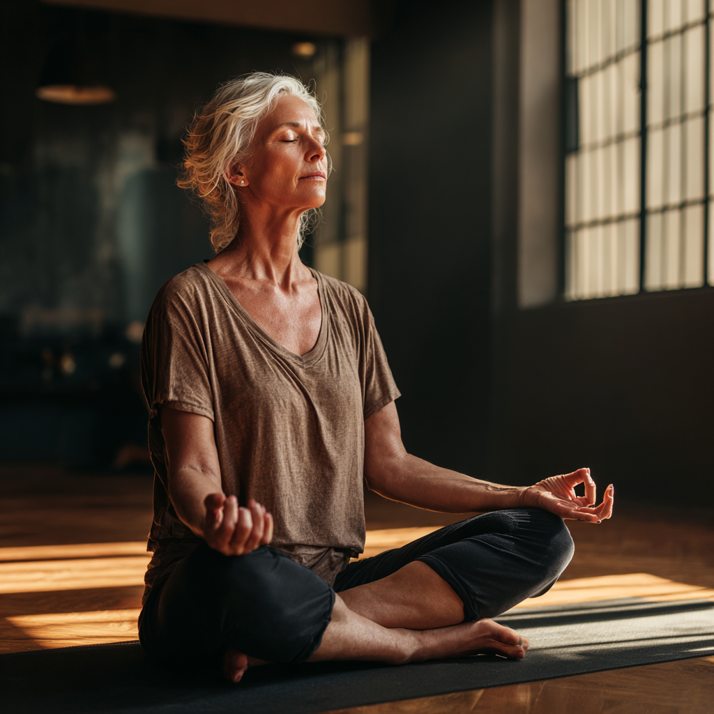 Mature woman practicing mindful meditation in peaceful yoga studio environment