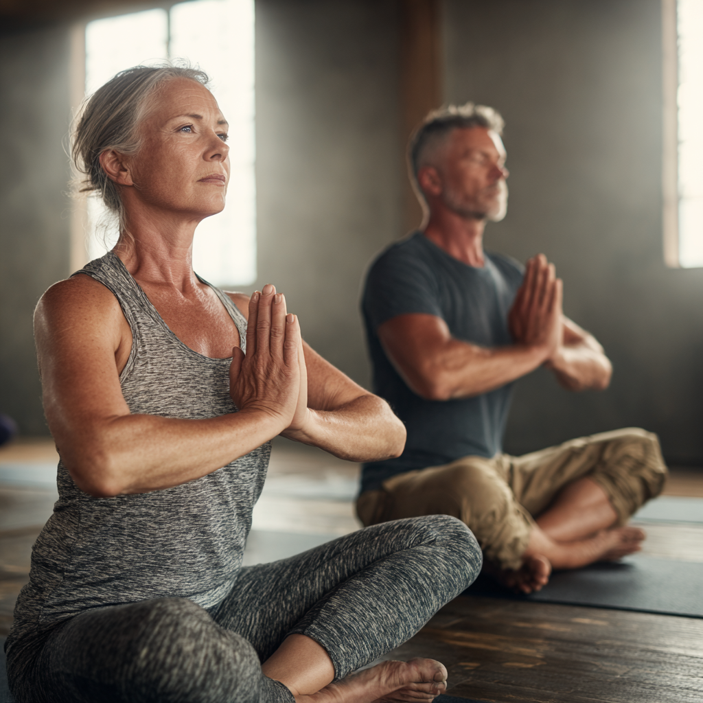 Middle-aged man and woman practicing yoga poses together in serene wellness studio